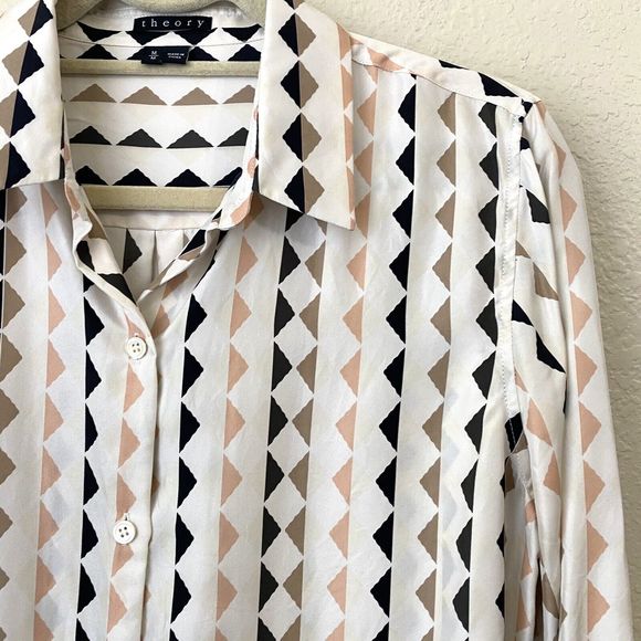 Theory Shirt Womens Medium Linigole Diamond Print Silk Cream Black - Picture 3 of 9